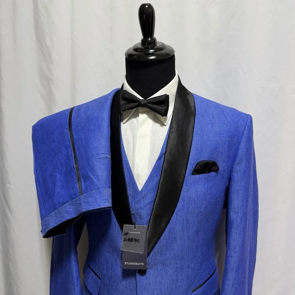 StudioSuits BESPOKE 3 Piece Tuxedo Linen Suit 44L 34x31 Vest Satin Stripe Shawl